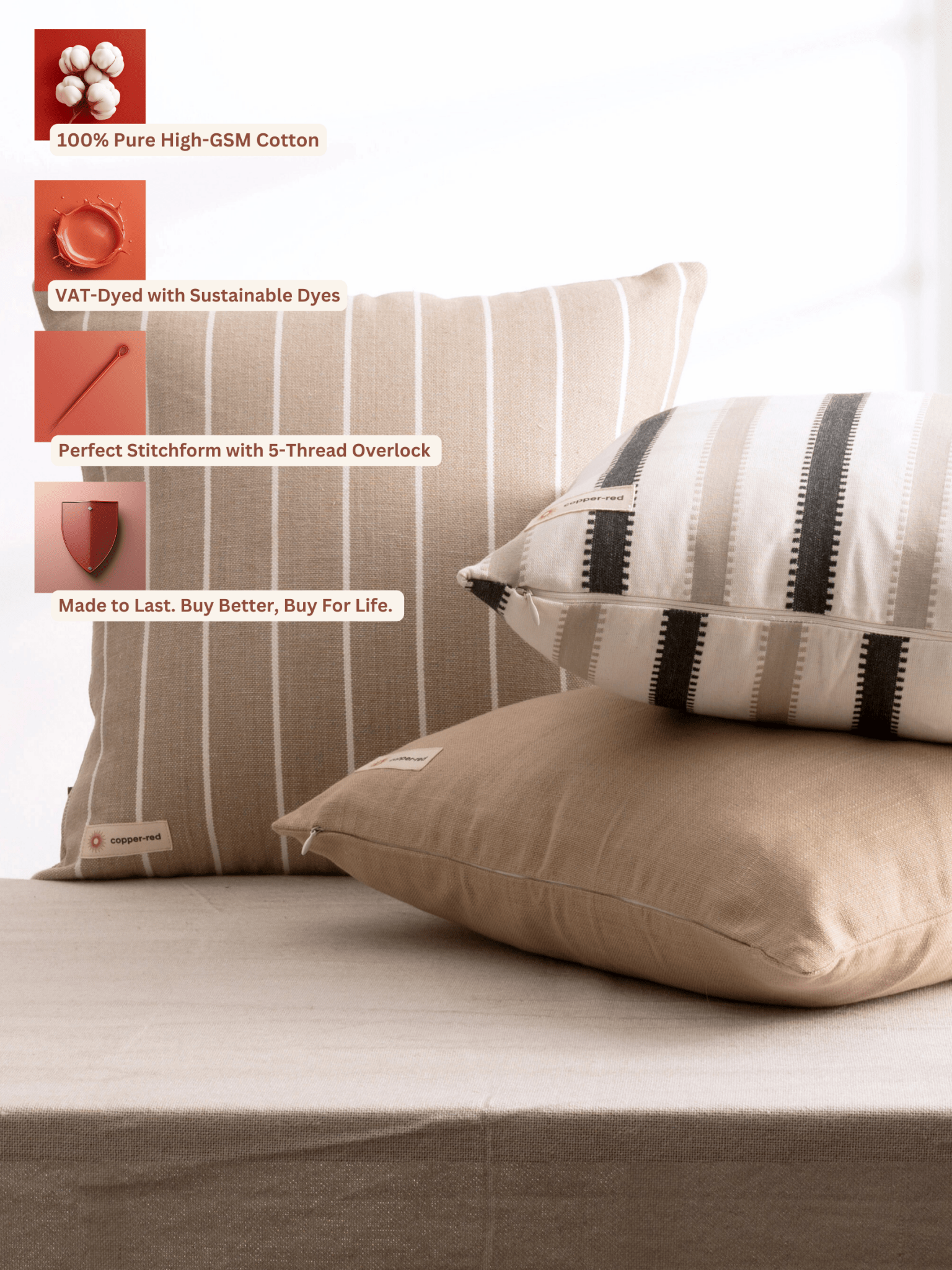 Atacama Brown & White Striped Cotton Cushion Cover - copper - red