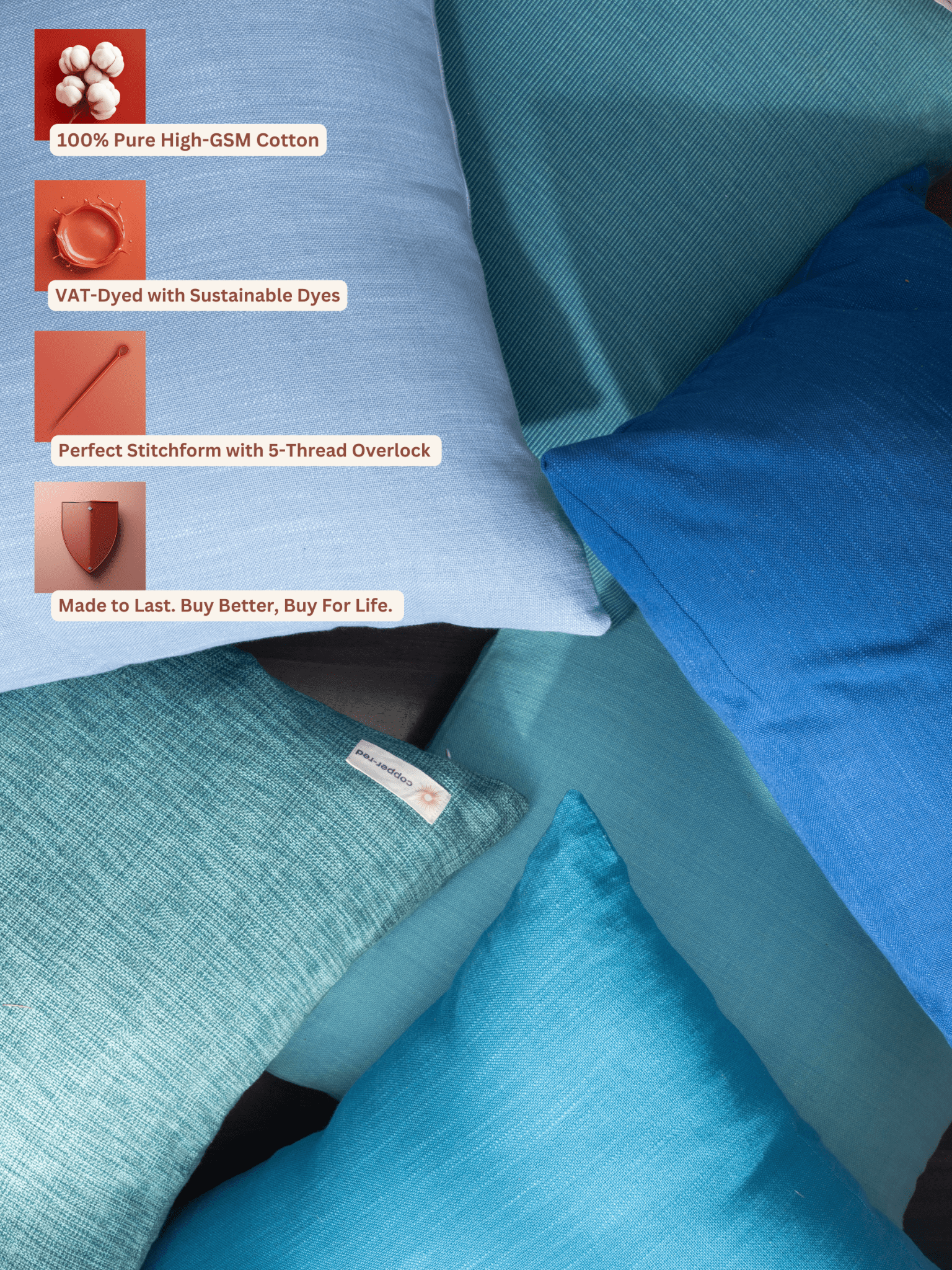 Marbella Textured Teal Cotton Cushion Cover - copper - red