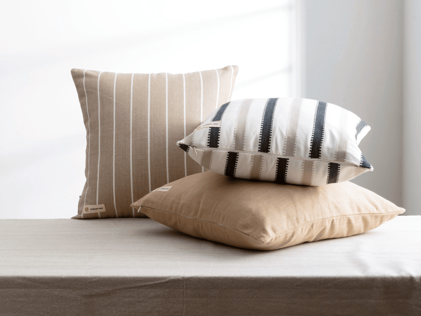 Oslo Black and Beige Striped Cotton Cushion Cover - copper - red