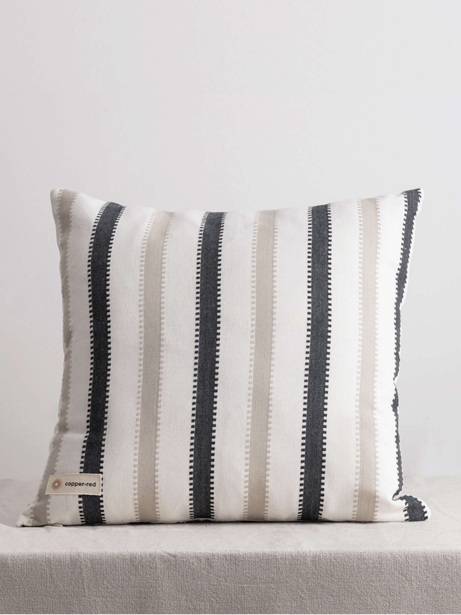 Oslo Black and Beige Striped Cotton Cushion Cover - copper - red