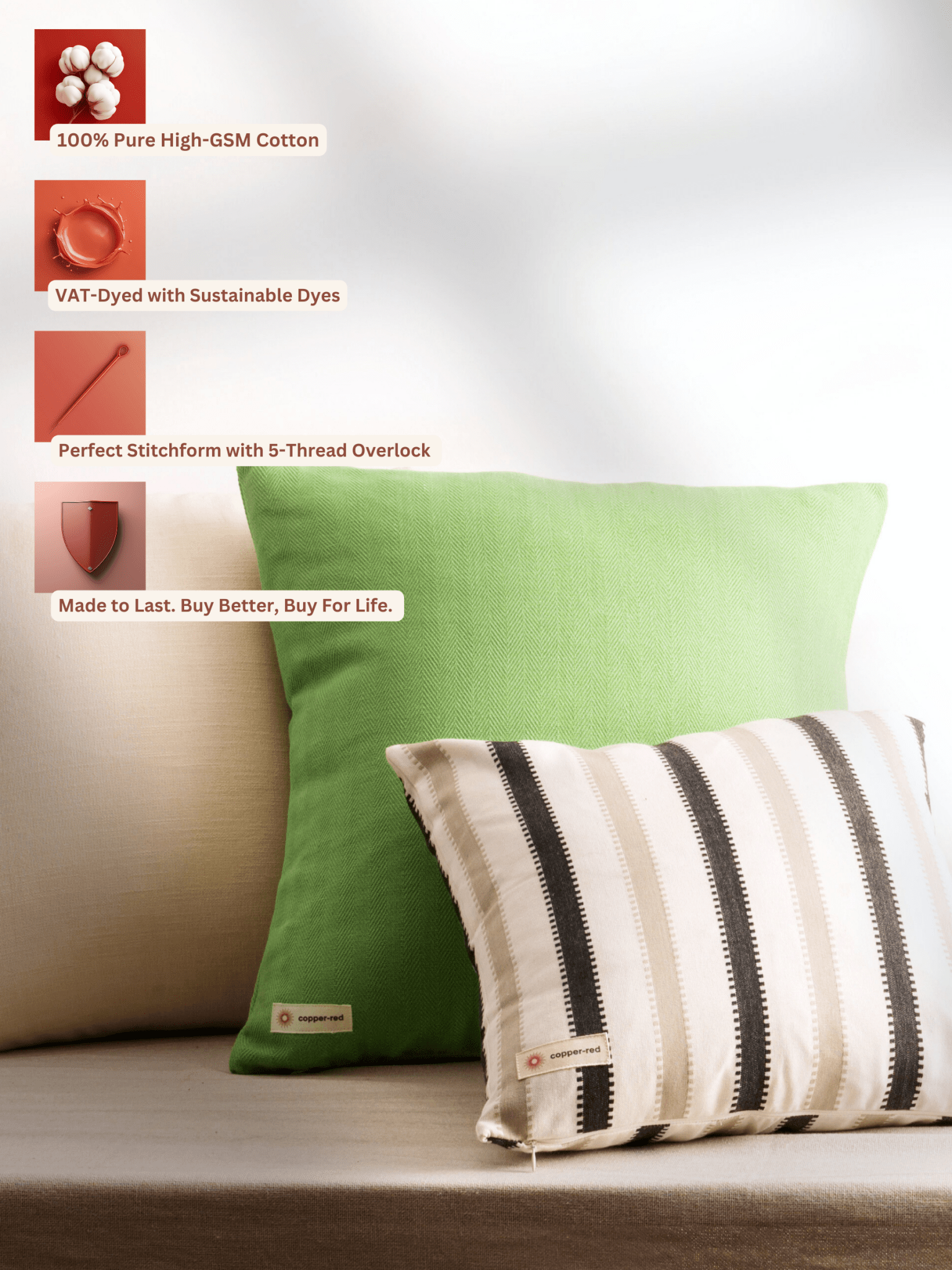 Oslo Black and Beige Striped Cotton Cushion Cover - copper - red