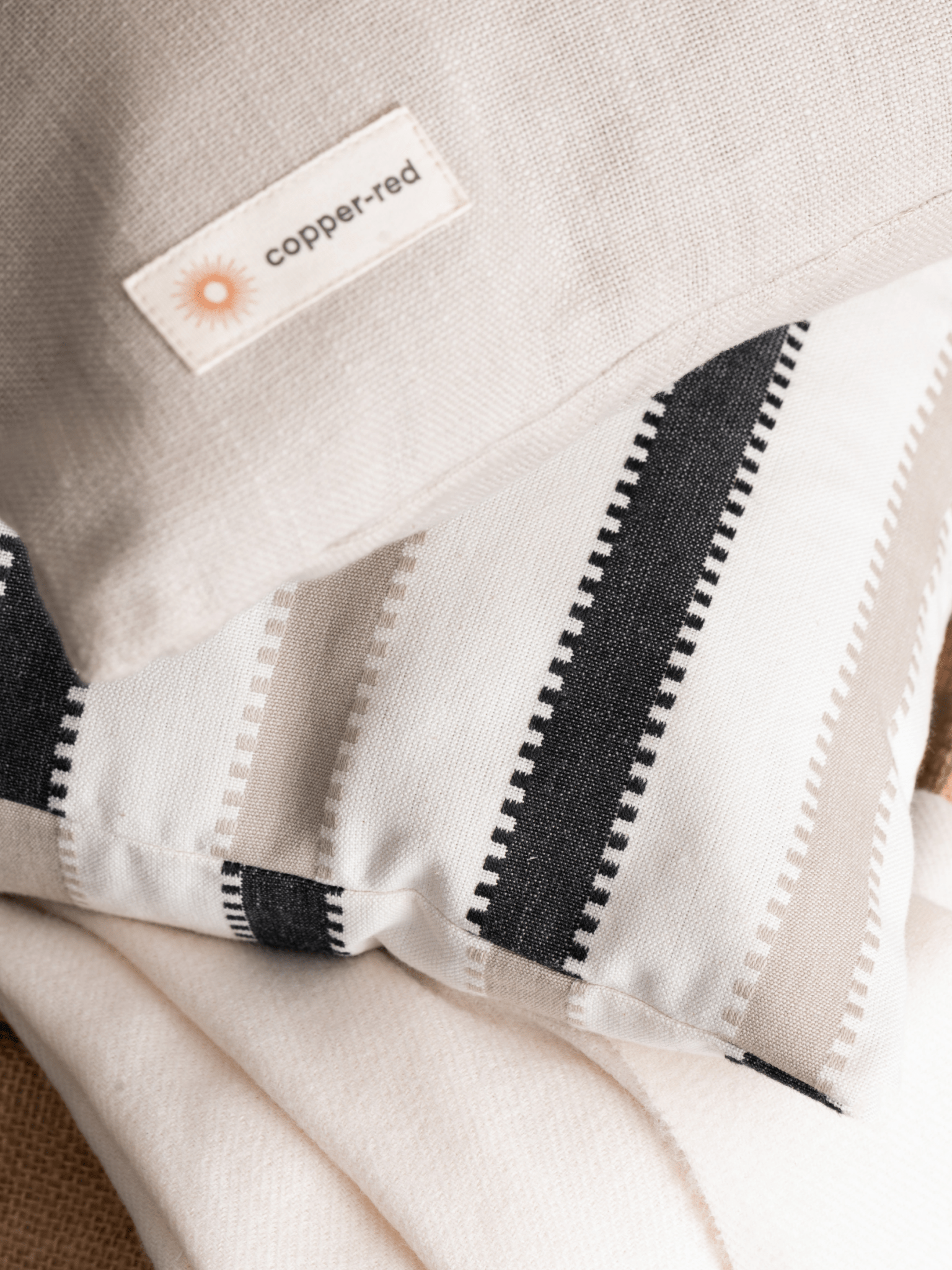 Oslo Black and Beige Striped Cotton Cushion Cover - copper - red